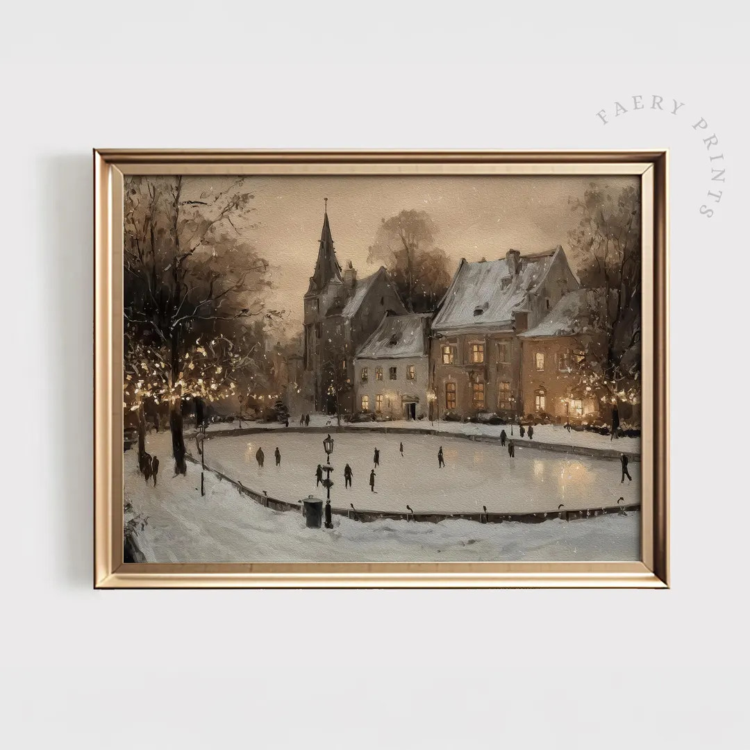 Vintage Ice Skating Winter Wall Art | Nostalgic Christmas Village Scene PRINTABLE Art | Cozy Holi... | Etsy (US)