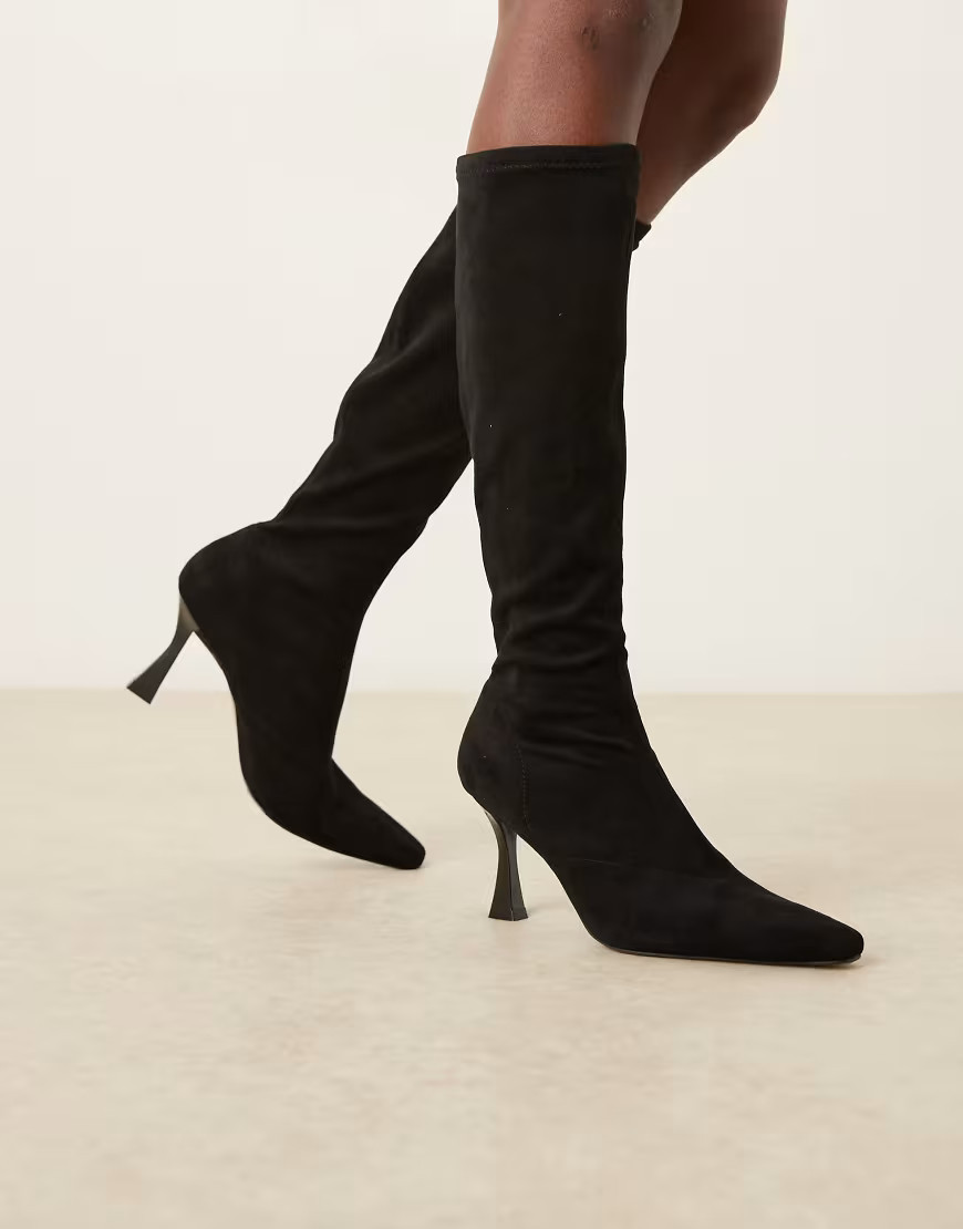 ASOS DESIGN Caitlin heeled sock knee boots in black | ASOS (Global)