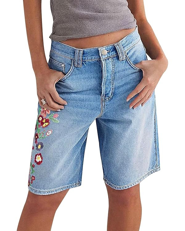 Mid Rise Denim Bermuda Shorts for Women Wash Floral Embroidery Loose Fit Casual Summer Jean Short... | Amazon (US)
