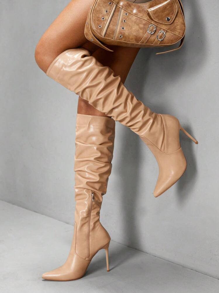 CUCCOO SZL Pointed Toe Stiletto Heel Over-The-Knee Boots, Slip-On, Apricot Color, Fashionable & Sexy Women Shoes | SHEIN