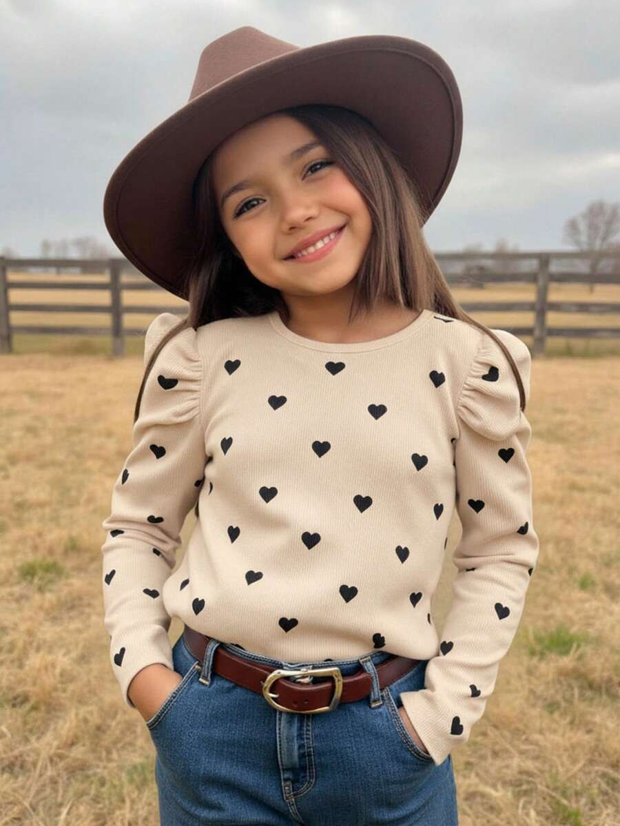 Emery Rose Kids Emery Rose Kids Young Girl Heart Pattern Square Neck Gigot Sleeve Casual T-Shirt | SHEIN