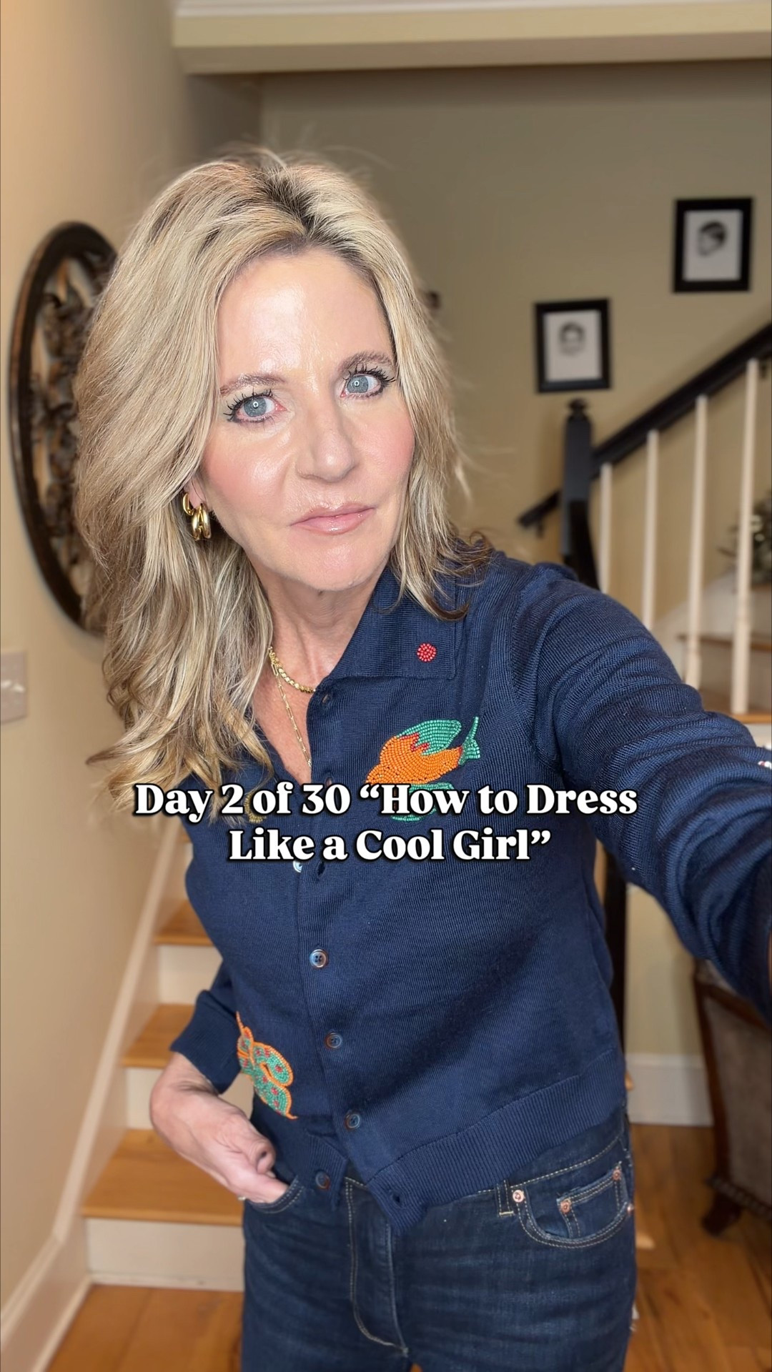 Such a fabulous sweater!  I promise you your daughter is going to want to steal it from you because it’s so cool. I definitely recommend sizing up (I am in the Small).

My jeans are DL1961. I own several pairs in this same cut. I am in the 25.

Shoes are super comfortable with great arch support. I wear a 9, and took the 40 in these. Use code TRACEYSTYLE10 for 10% off!

My jacket and clutch are sold out so I’m linking similar.