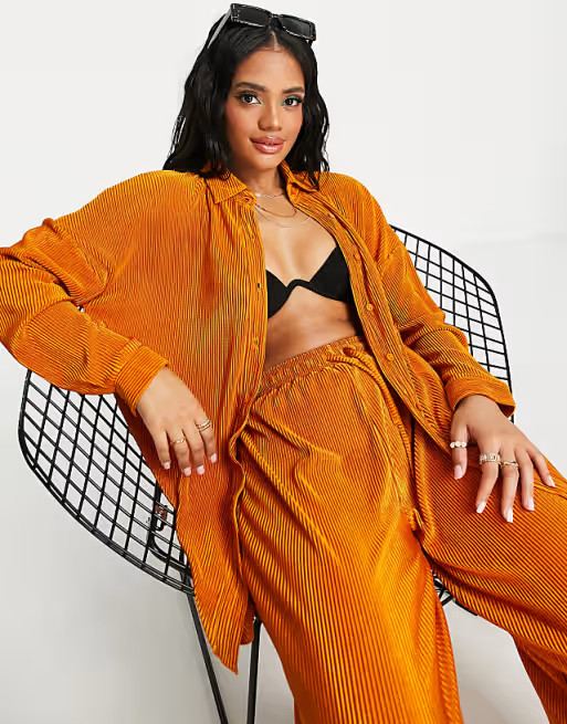South Beach plisse oversized beach shirt co ord in high shine copper | ASOS (Global)