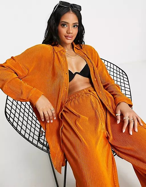 South Beach plisse oversized beach shirt co ord in high shine copper | ASOS (Global)
