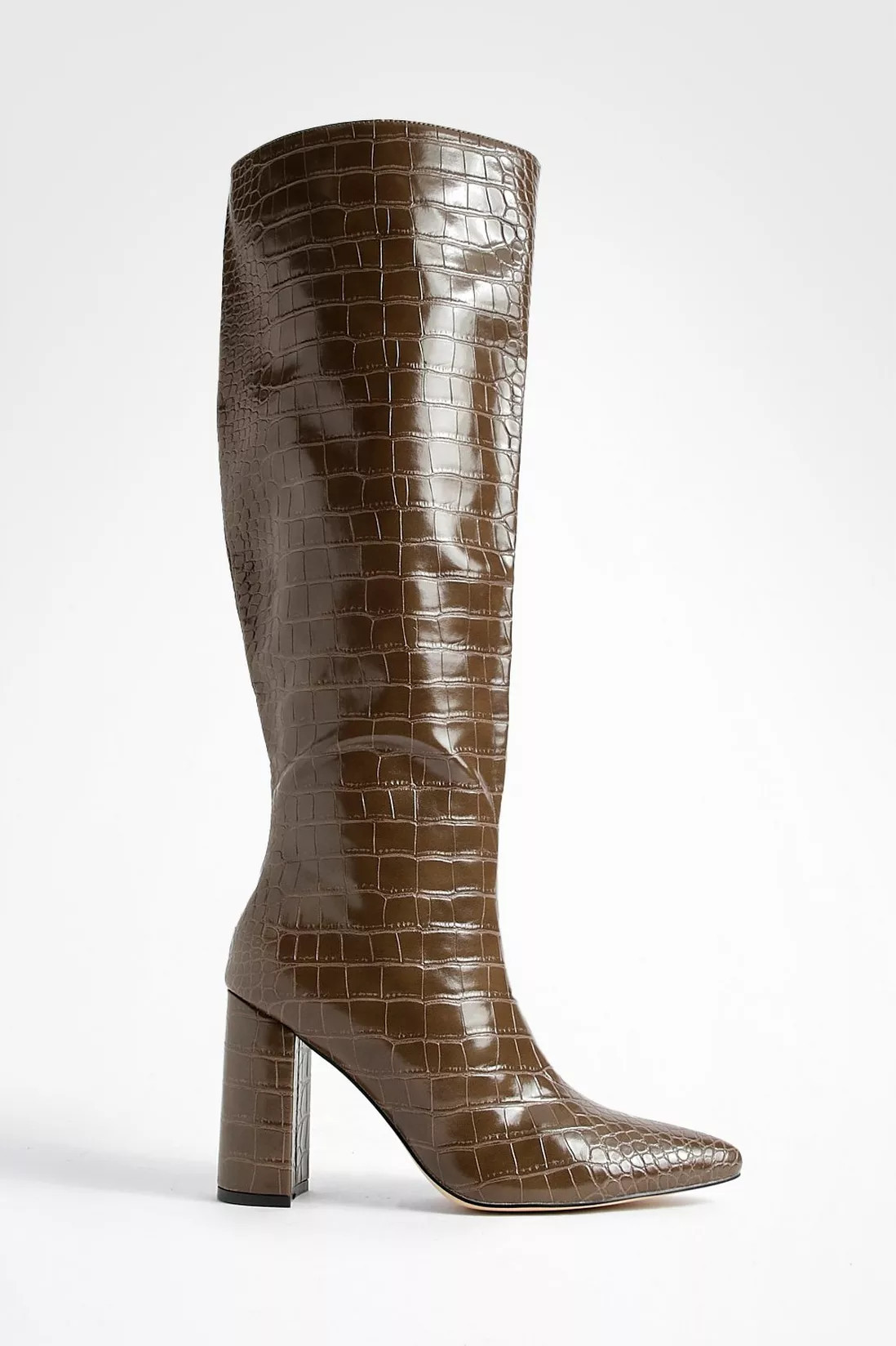 Boots | Croc Block Heel Pointed Toe Knee High Boots | boohoo | Debenhams UK