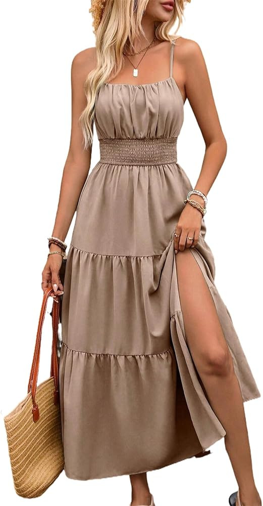 Women's Khaki Cami Maxi Dress - Smocked Waist Tiered Ruffle High Slit Summer Casual Gown | Amazon (US)