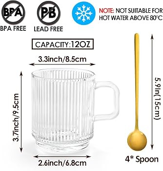 Clear Glass Coffee Mug Set of 4, 12 Ounces Ribbed Glassware with Spoon, Classic Vertical Stripes ... | Amazon (US)