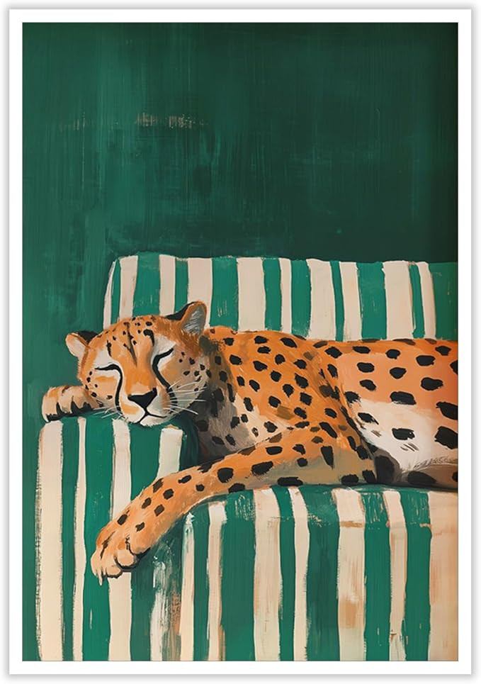 Maximalist Cheetah Wall Art Vintage Emerald Green Decor Poster Funny Sleepy Leopard Canvas Print ... | Amazon (US)