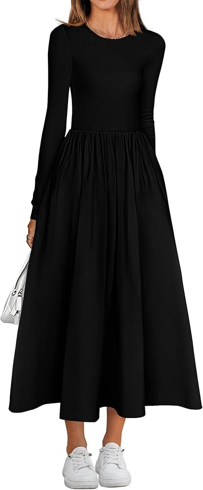 BTFBM Casual Long Sleeve Dresses Fall Dresses Solid Wedding Guest Dress Midi Dress Flowy Bohemian... | Amazon (US)