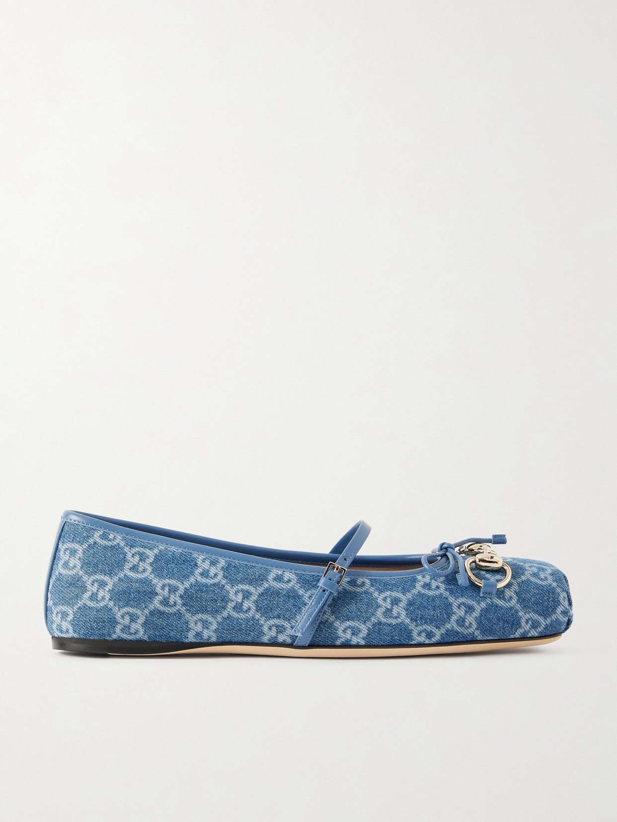 Gucci - Horsebit Ballerina Leather-trimmed Denim Flats - Blue | NET-A-PORTER (US)
