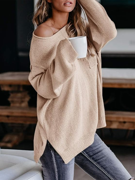 Imysty Womens Sweaters Crewneck Long Sleeve Side Slit Casual Pullover Sweater Knitted Jumper Tops | Amazon (US)