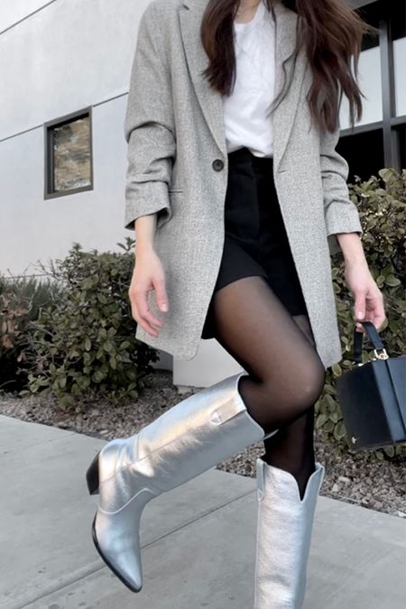 Gray blazer with silver boots outfit ⚡️🤍

Blazer outfit, boots outfit, metallic boots, silver cowboy boots, cowboy boots, gray blazer outfit, white t-shirt with blazer, black shorts, casual chic outfit, gray blazer, silver boots, shorts with boots outfit 

#LTKshoecrush #LTKFind #LTKstyletip