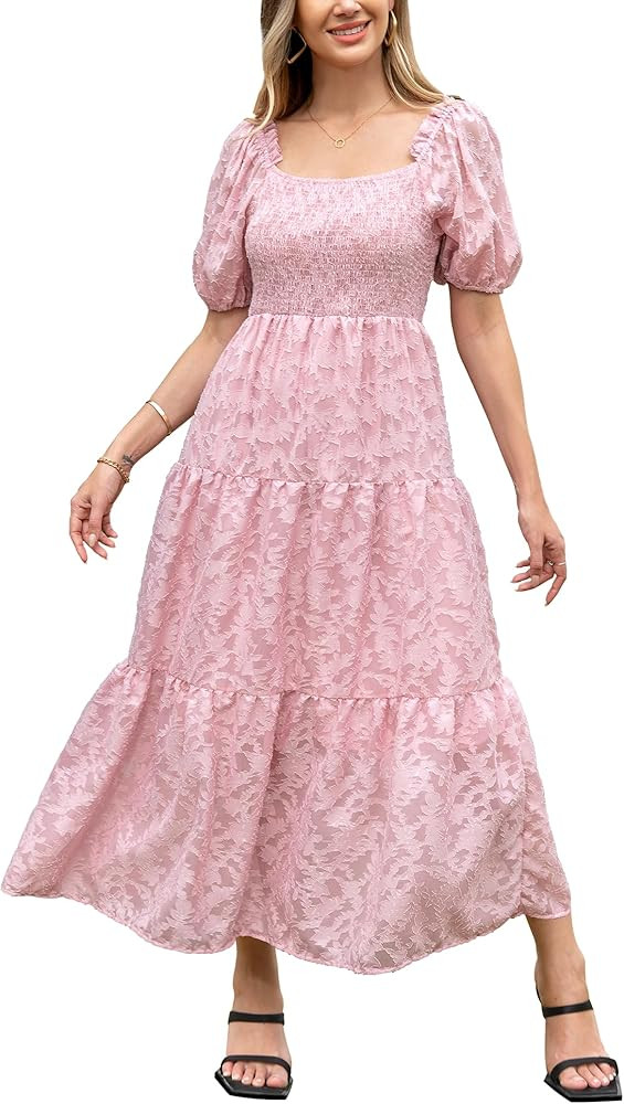 Womens Summer Short Puff Sleeve Off Shoulder Smocked Floral Dress Lace Flowy A Line Textured Tier... | Amazon (US)