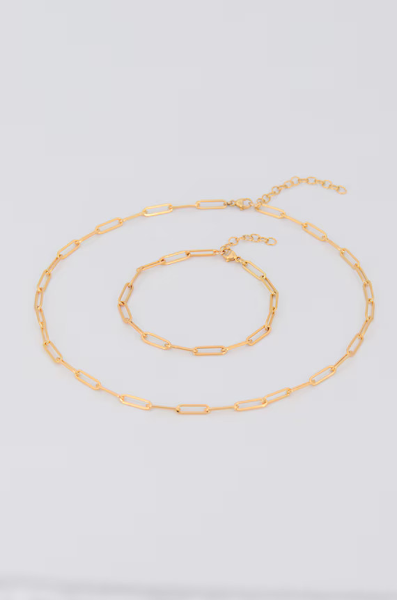 Paper Clip Necklace and Bracelet Set, Link Chain Necklace, Rectangle Chain 14k Yellow Gold Filled... | Etsy (US)