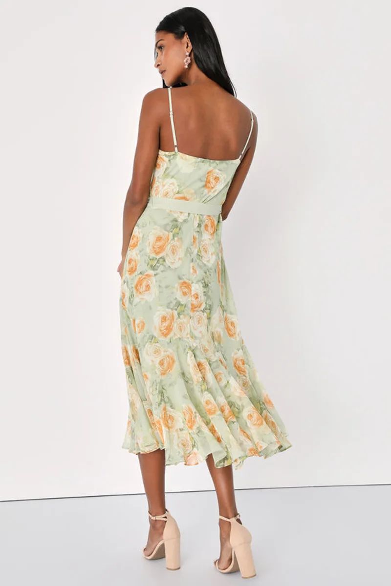 Unparalleled Elegance Sage Green Floral Chiffon Midi Dress | Lulus (US)