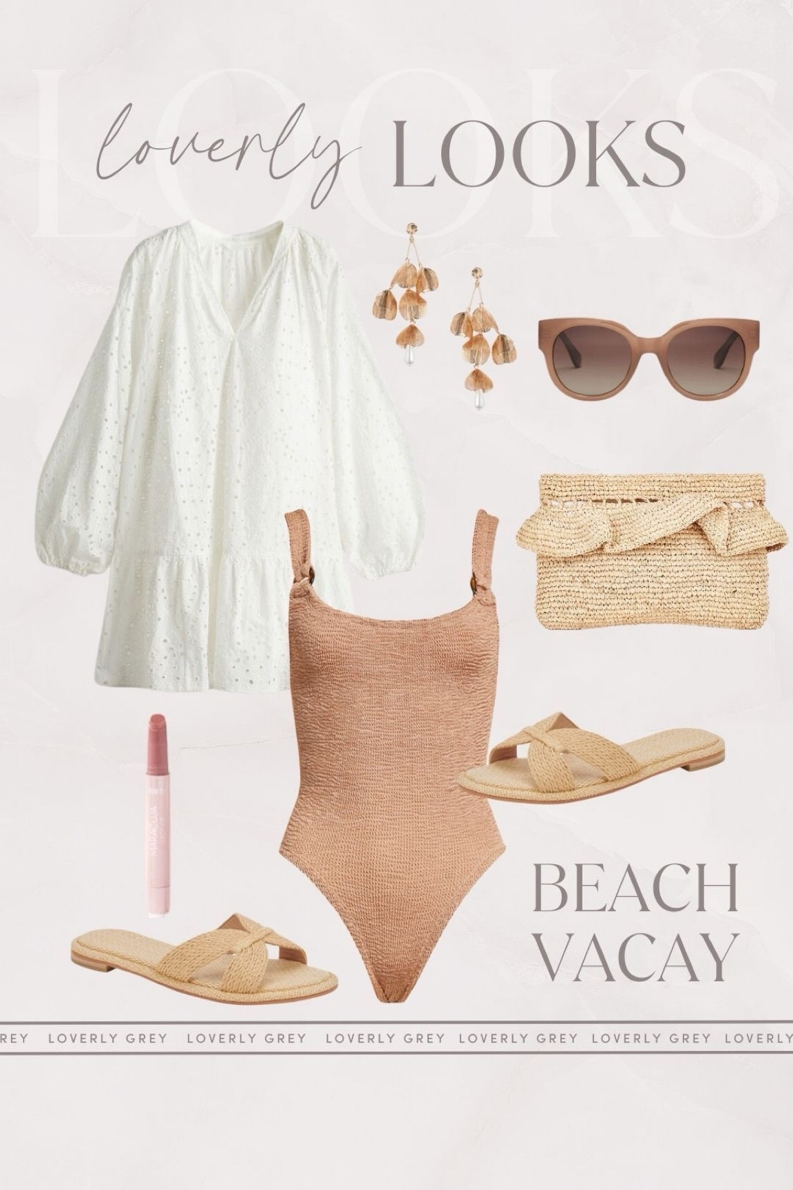 Loverly Grey beach vacay look. I love this neutral one piece swimsuit and eyelet cover up. 

#LTKSeasonal #LTKstyletip #LTKswim