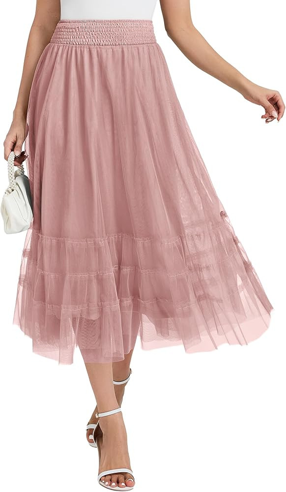 Casly Lamiit Women's Midi Skirt Casual Tulle Skirt Elastic High Waisted Skirts Flowy Tiered A Lin... | Amazon (US)