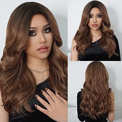 Long Brown Wig for Women Long Brown Curly Wavy Wig Middle Part Dark Brown Synthetic Heat Resistant F | Amazon (US)