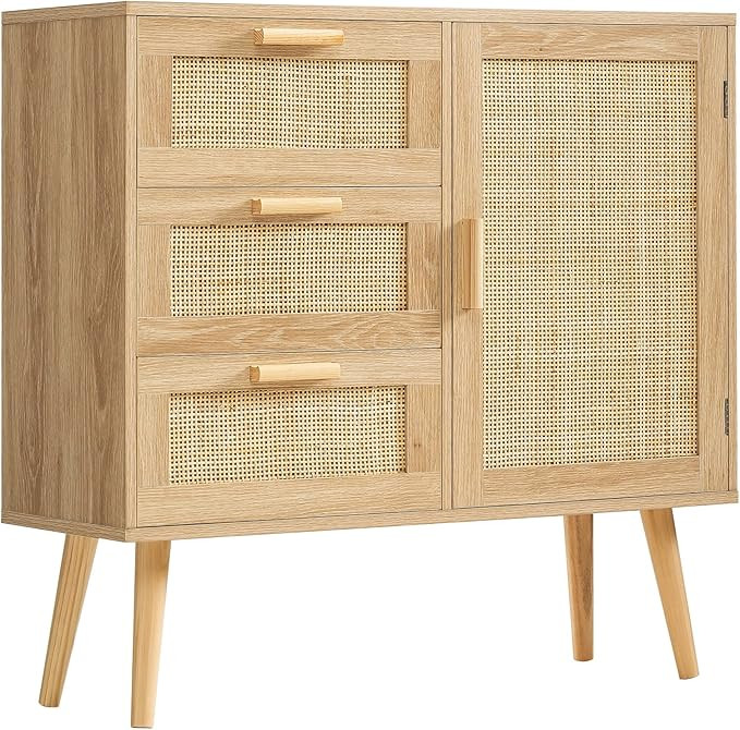 Iwell Storage Cabinet with Natural Rattan Door & 3 Drawers, Adjustable Shelf, Rattan Cabinet, Acc... | Amazon (US)