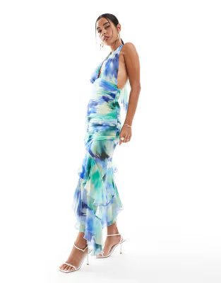 Mango halterneck high split printed midi in blue | ASOS (Global)