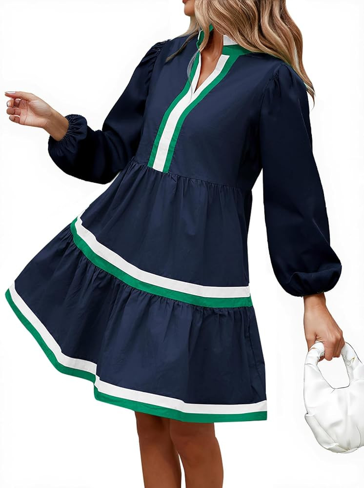 Womens Puff Long Sleeve Babydoll Dress V Neck Navy Blue Striped Color Block Tiered Mini Dresses | Amazon (US)
