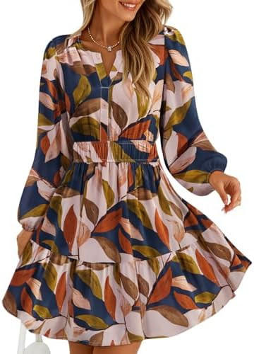 ZESICA Womens Fall Floral Long Sleeve Wedding Guest Mini Dress | With Pockets, V Neck, A-Line, Ru... | Amazon (US)