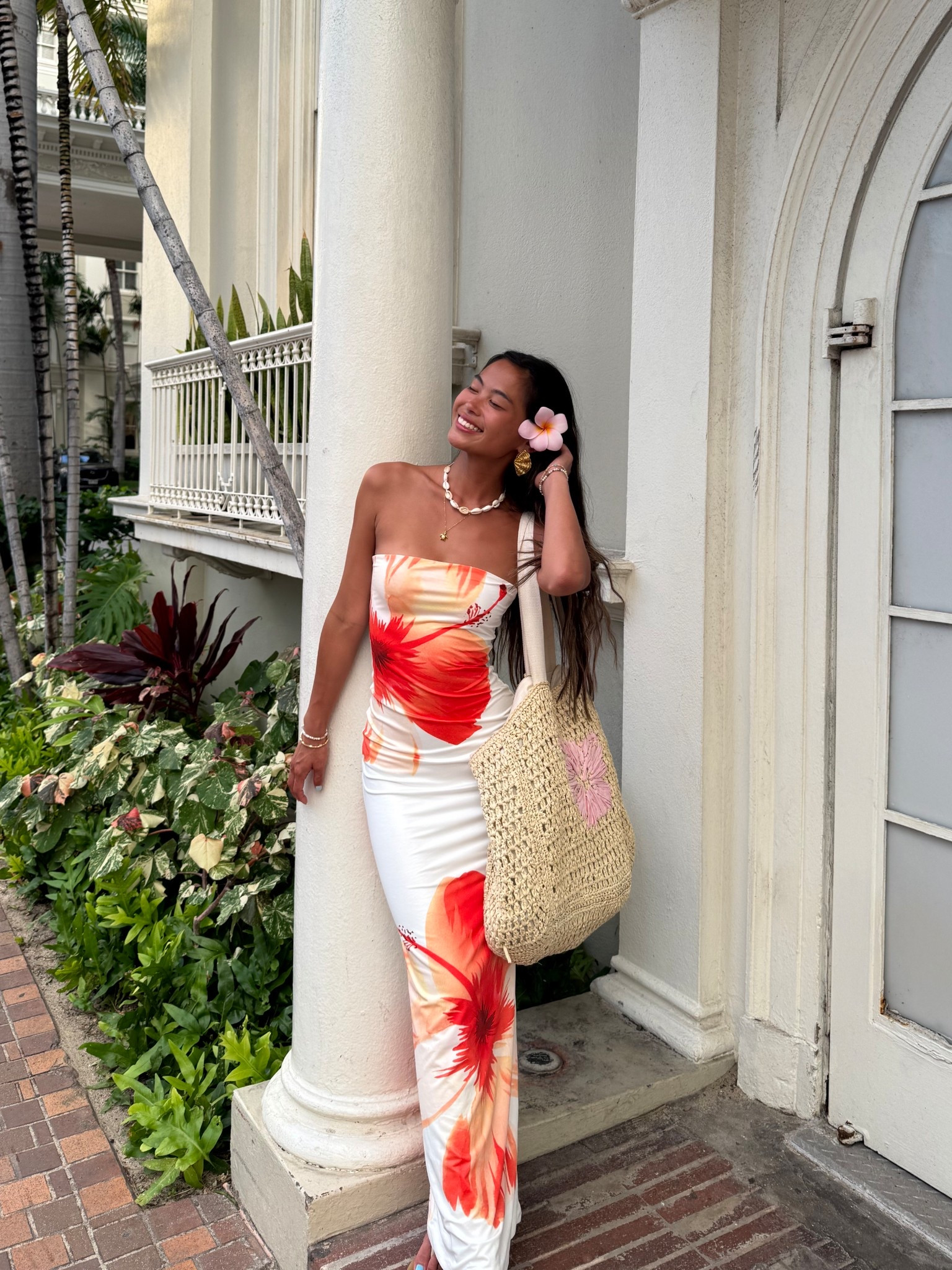 tropical maxi dress, summer aesthetic, strapless dress, tropical summer vibe, hibiscus flower design, post-beach attire, summery, elegant, body con fit, grip on inner bust to hold the top up!

#LTKTravel #LTKSeasonal #LTKParties