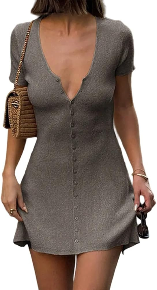 Women Sexy Deep V Neck Button Front Knit Mini Dress Elegant Short Sleeve Ribbed Flowy Hem A-Line ... | Amazon (US)