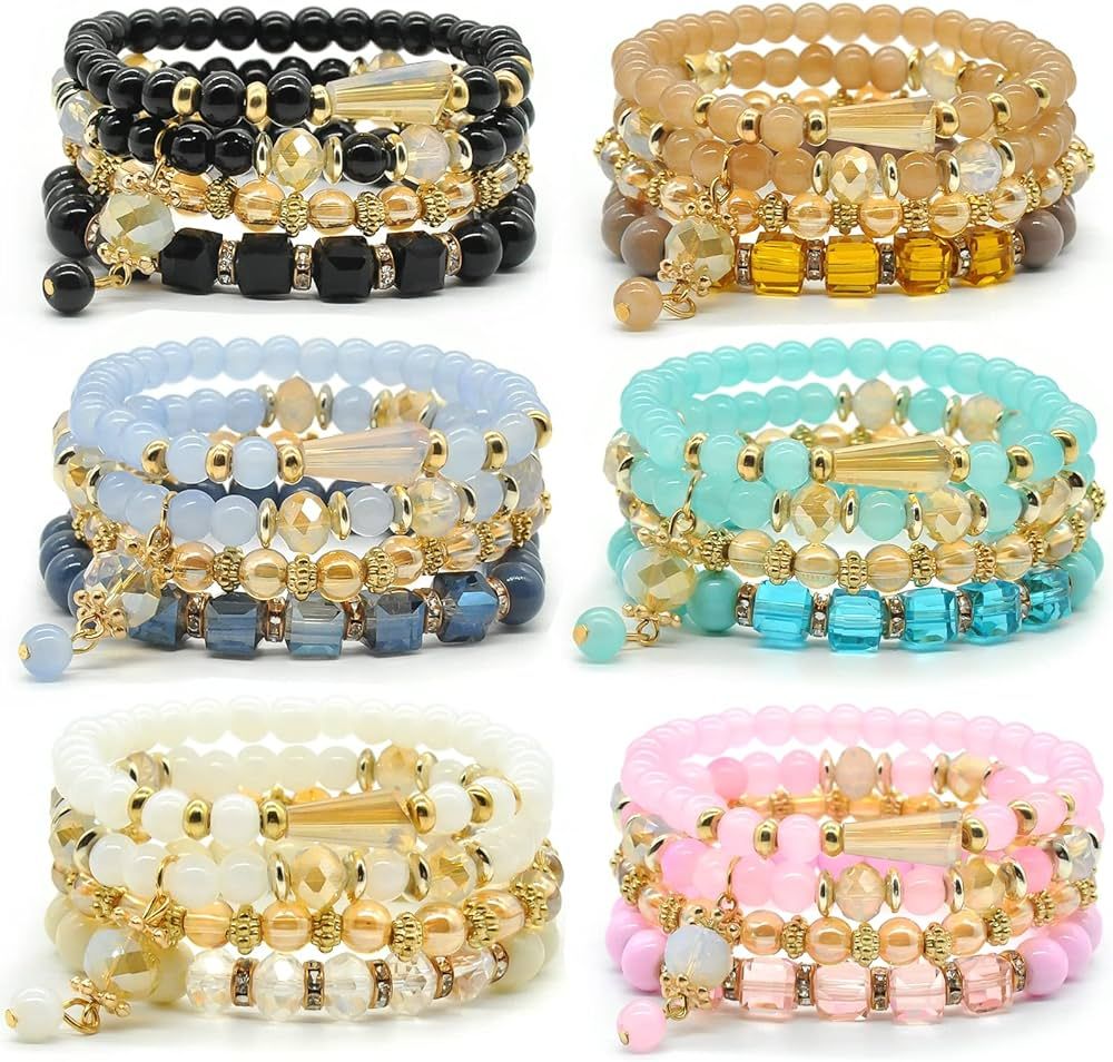 Bohemian Bracelet Sets for Women - 6 Sets Stackable Stretch Bracelets Multi-color Boho Jewelry fo... | Amazon (US)