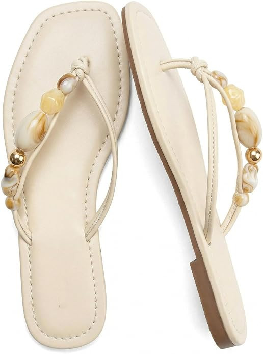 Beaded Flip Flops For Women Comfortable Strappy Thong Sandals with Knot Detail Slip On Flats Squa... | Amazon (US)