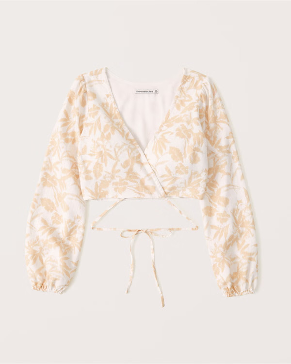 Long-Sleeve Linen-Blend Wrap Top | Abercrombie & Fitch (US)