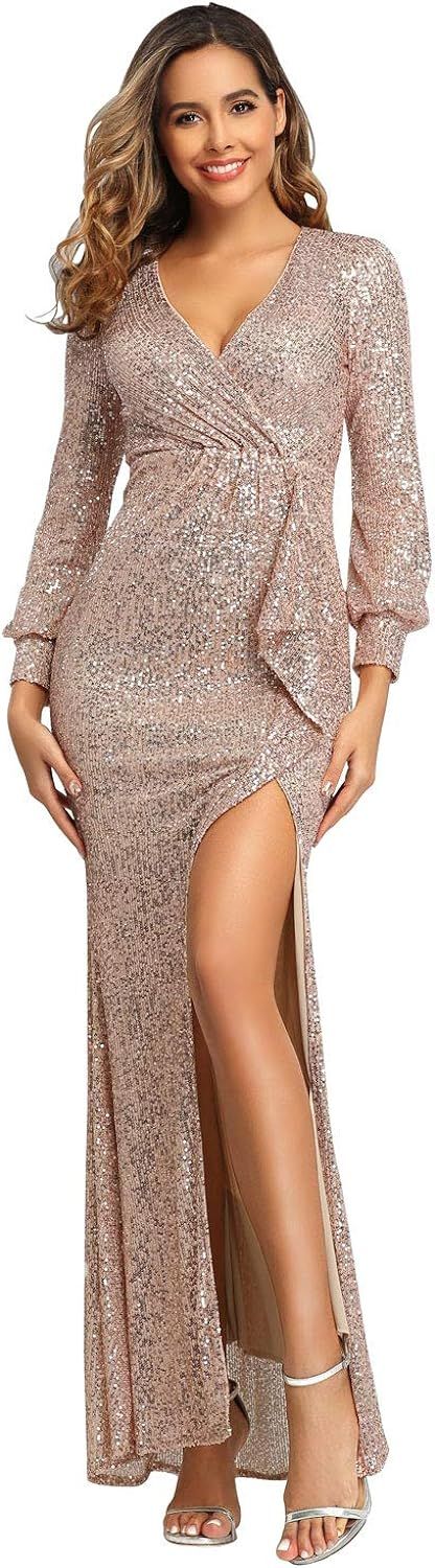 Sparkle Glitzy Glam Sequin Stretch Slim Split Long Evening Dress Gold | Amazon (US)