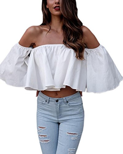Relipop Women's Off Shoulder Tops Short Sleeve Shirt Strapless Blouses (Medium, White) | Amazon (US)