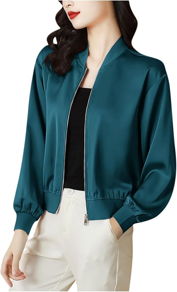 Womens Bomber Jacket Satin Silk Coat Casual Stand Collar Zip Up Lightweight Fall Fashion Jackets ... | Amazon (US)