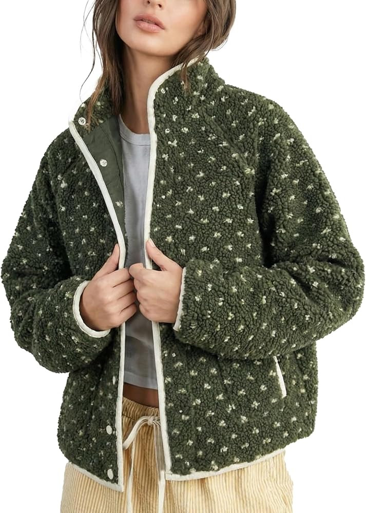 Slouchy Fleece Jacket Women Long Sleeve Button Down High Neck Polka Dot Puffer Jackets Sherpa Ove... | Amazon (US)