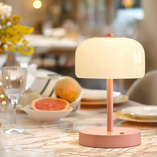 Oneach Portable Cordless Table Lamp, Rechargeable Battery Powered Lamp with Opal Glass Shade, 3-Way Dimmable LED Touch Mushroom Table Lamp for Bedroom, Bedside, Living Room, Dining Room, Patio, Pink | Amazon (US)
