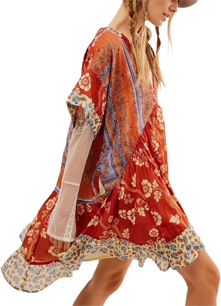 Women’s Boho Mini Dress Y2k Floral Deep V-Neck Puff Sleeve Short Dresses 2024 Summer Causal Bea... | Amazon (US)