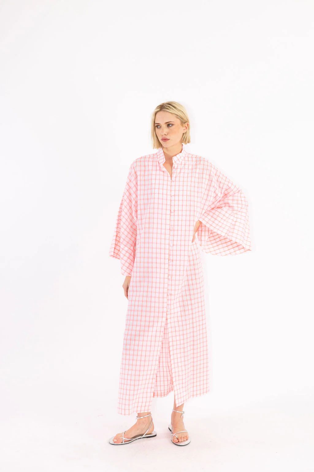 neon pink grid button-down maxi caftan | La Vie Style House