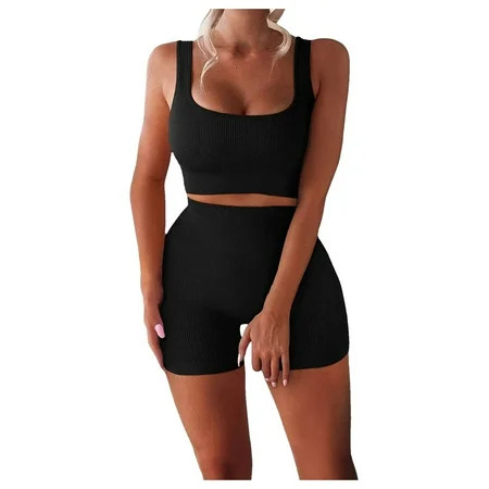 Siaonvr Women Workout Sets 2 Piece Seamless Ribbed Tank High Waist Shorts Yoga Outfits | Walmart (US)