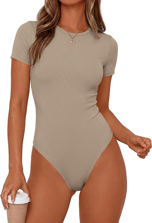 PRETTYGARDEN Body Suits for Womens Short Sleeve Summer Tops | Stretchy Ribbed Knit Bodysuit, Slim... | Amazon (US)
