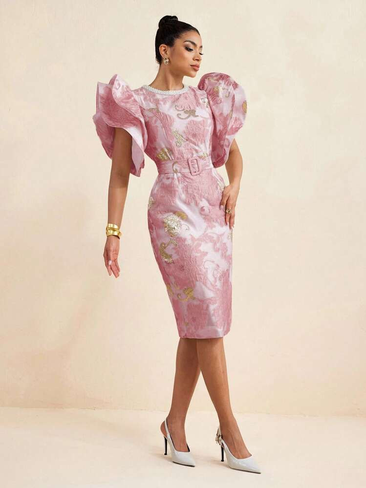 TIYA Elegant Jacquard Faux Pearl Neck Big Flared Sleeve Short Dress With Waist Belt Women Summer Party | SHEIN