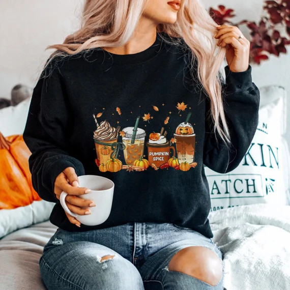 Fall Coffee Shirt. Cute Fall Sweatshirt. Coffee Lover Tee Shirt. Halloween Pumpkin Latte Drink Cu... | Etsy (US)