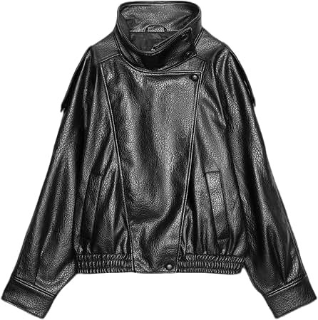 Bnigung Women's Oversized Faux Leather Jacket Trendy Zip Up Bomber Coats | Stand Collar, Long Sle... | Amazon (US)