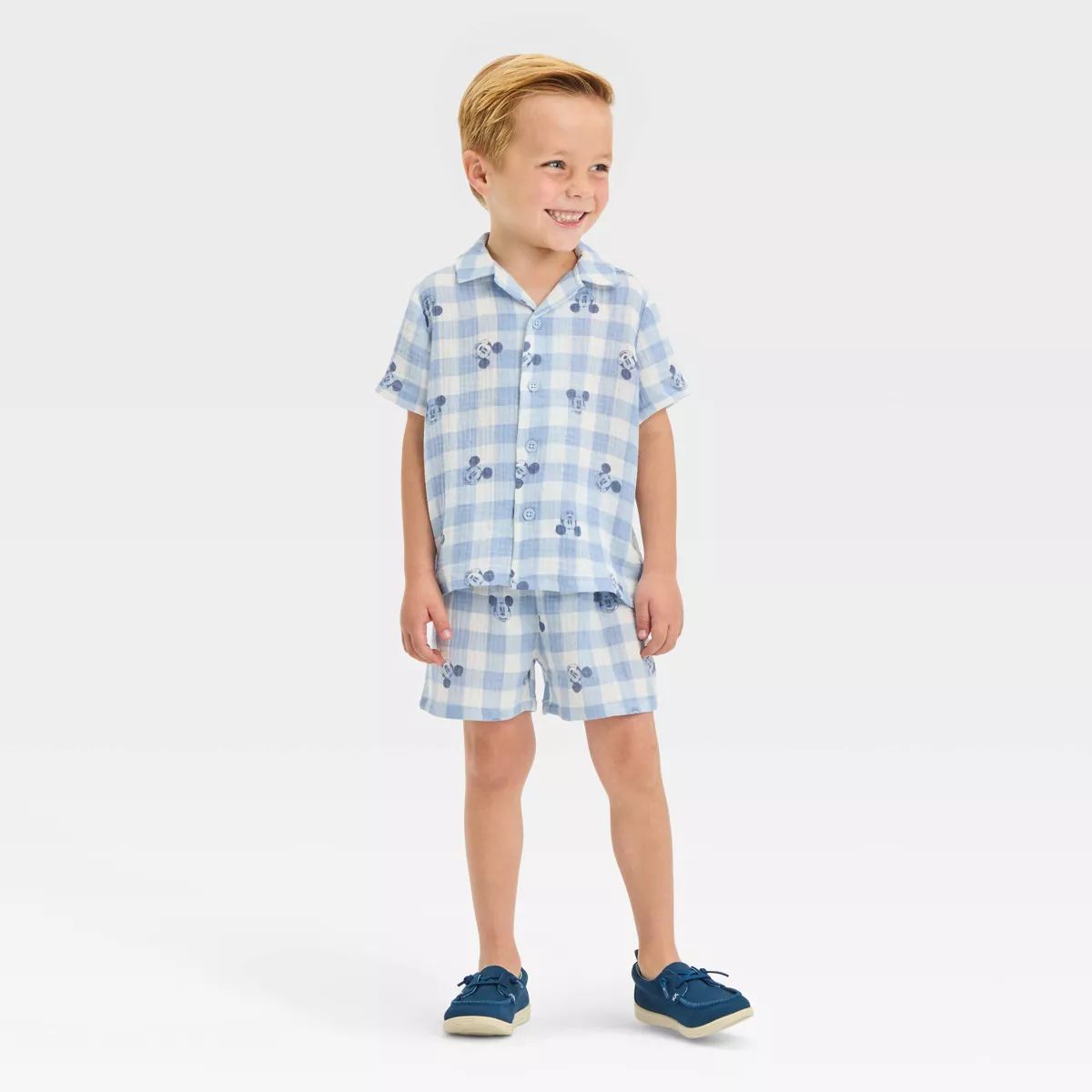 Toddler Boys' Disney Mickey Mouse Gingham Woven Top and Shorts Set - Blue | Target