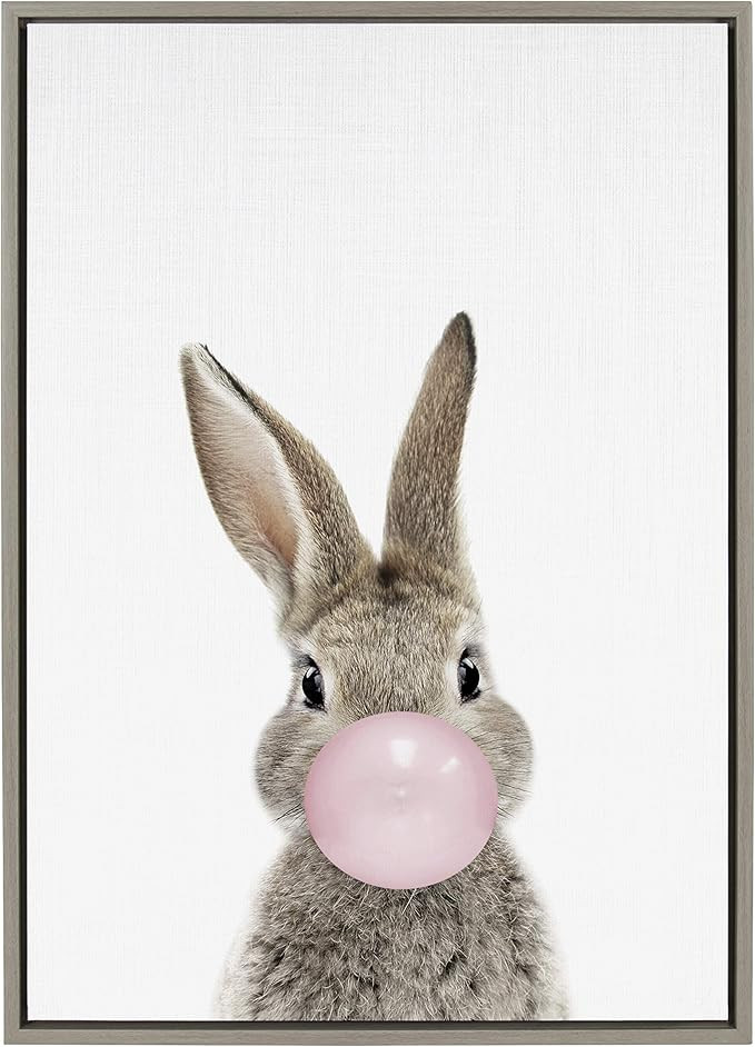 Kate and Laurel Sylvie Bubblegum Bunny Framed Canvas Wall Art by Amy Peterson, 23x33 Gray, Whimsi... | Amazon (US)