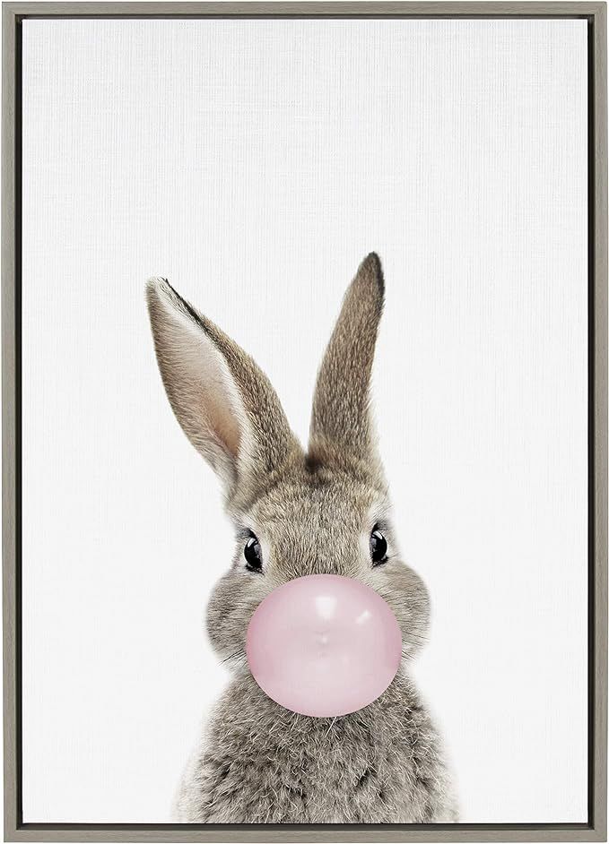 Kate and Laurel Sylvie Bubblegum Bunny Framed Canvas Wall Art by Amy Peterson, 23x33 Gray, Whimsi... | Amazon (US)