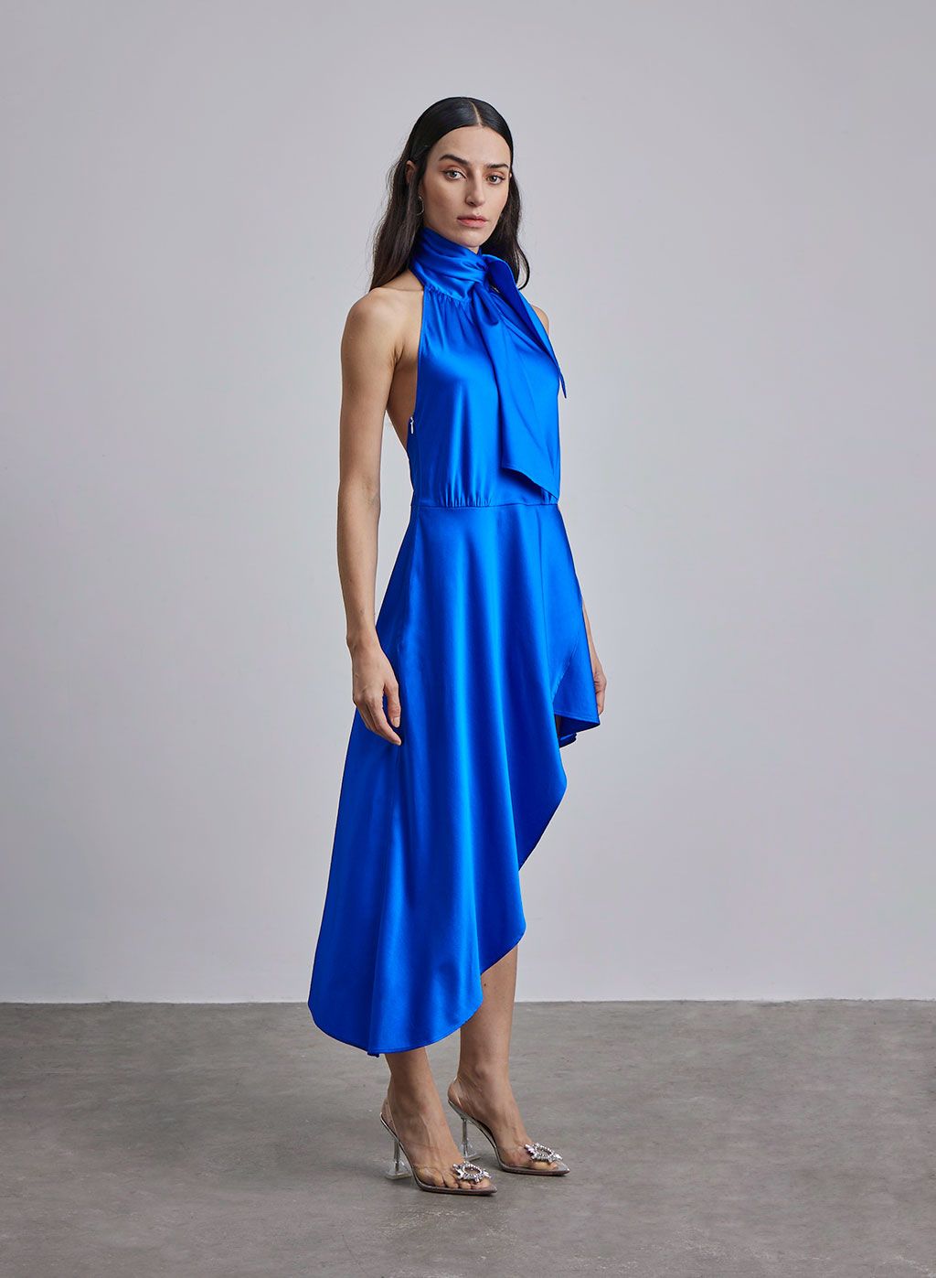 Halter Neck-Tie Hi-Low Silk Midi Dress | Silk Maison