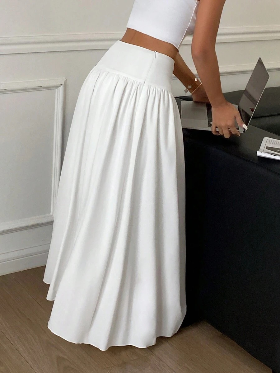 SHEIN X GALILEA Women Long Solid Color White Elastic High Waist Skirt, Winter, Fall,Going Out Ski... | SHEIN