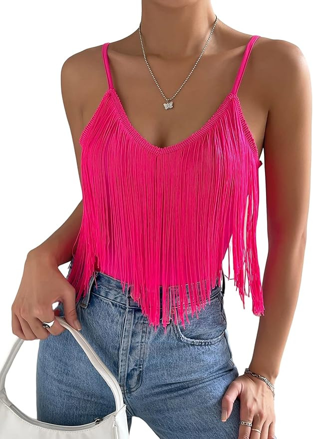 COZYEASE Women's Solid Spaghetti Strap Fringe Hem Camisole V Neck Boho Cami Crop Top | Amazon (US)