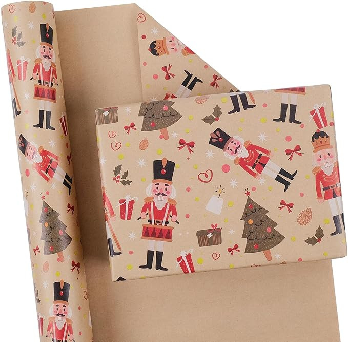 Aimyoo Nutcracker Kraft Christmas Wrapping Paper Roll, Vintage Christmas Tree Xmas Gift Wrap Pape... | Amazon (US)